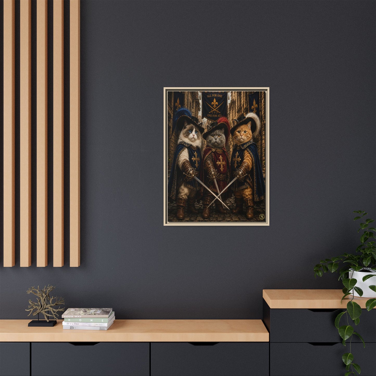 3 Musketeer Cats (The Three Musker Paws) – All for One, One for All Framed Canvas by House of Ace