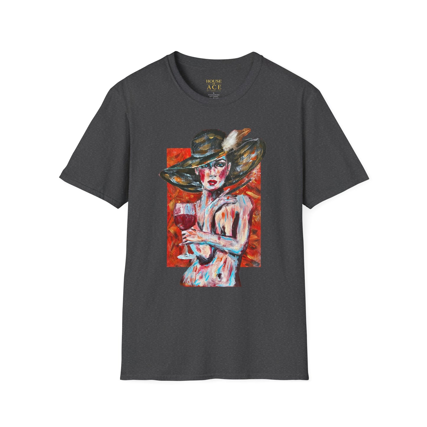 Artistic Woman in Wide-Brim Hat T-Shirt Crimson Elegance – Original Acrylic Art Graphic Tee