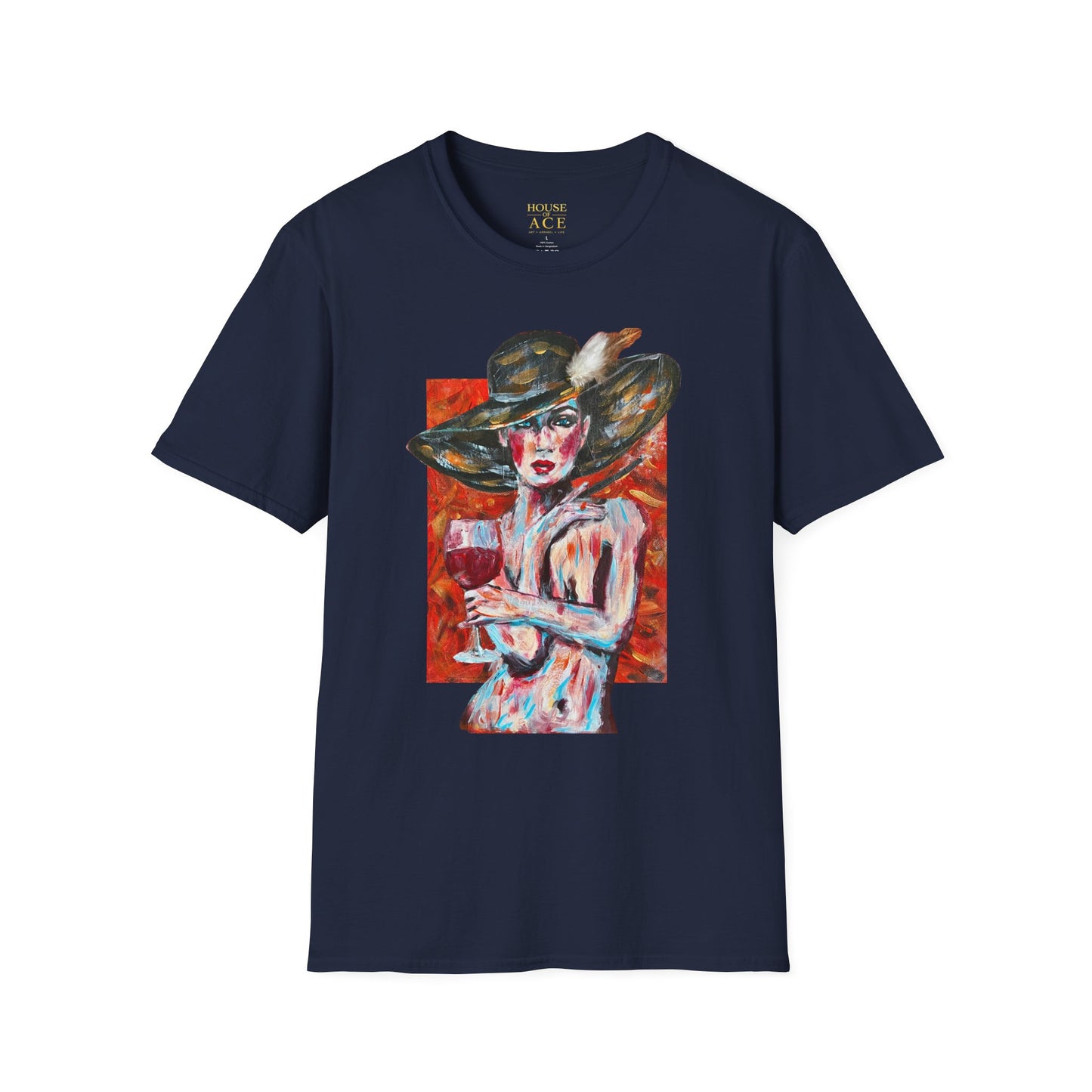 Artistic Woman in Wide-Brim Hat T-Shirt Crimson Elegance – Original Acrylic Art Graphic Tee