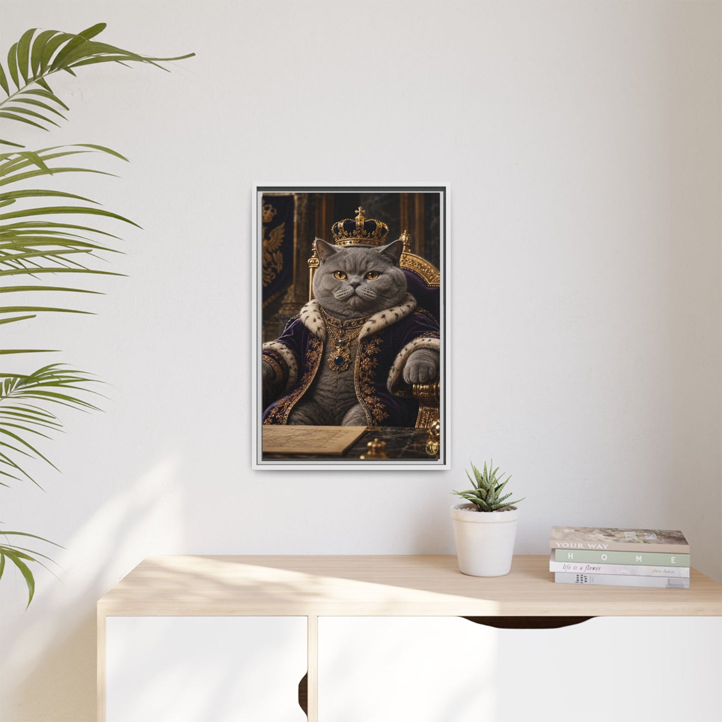 Regal British Shorthair Cat Portrait Framed Canvas — His Royal Whiskers Cat Wall Art  by House of Ace