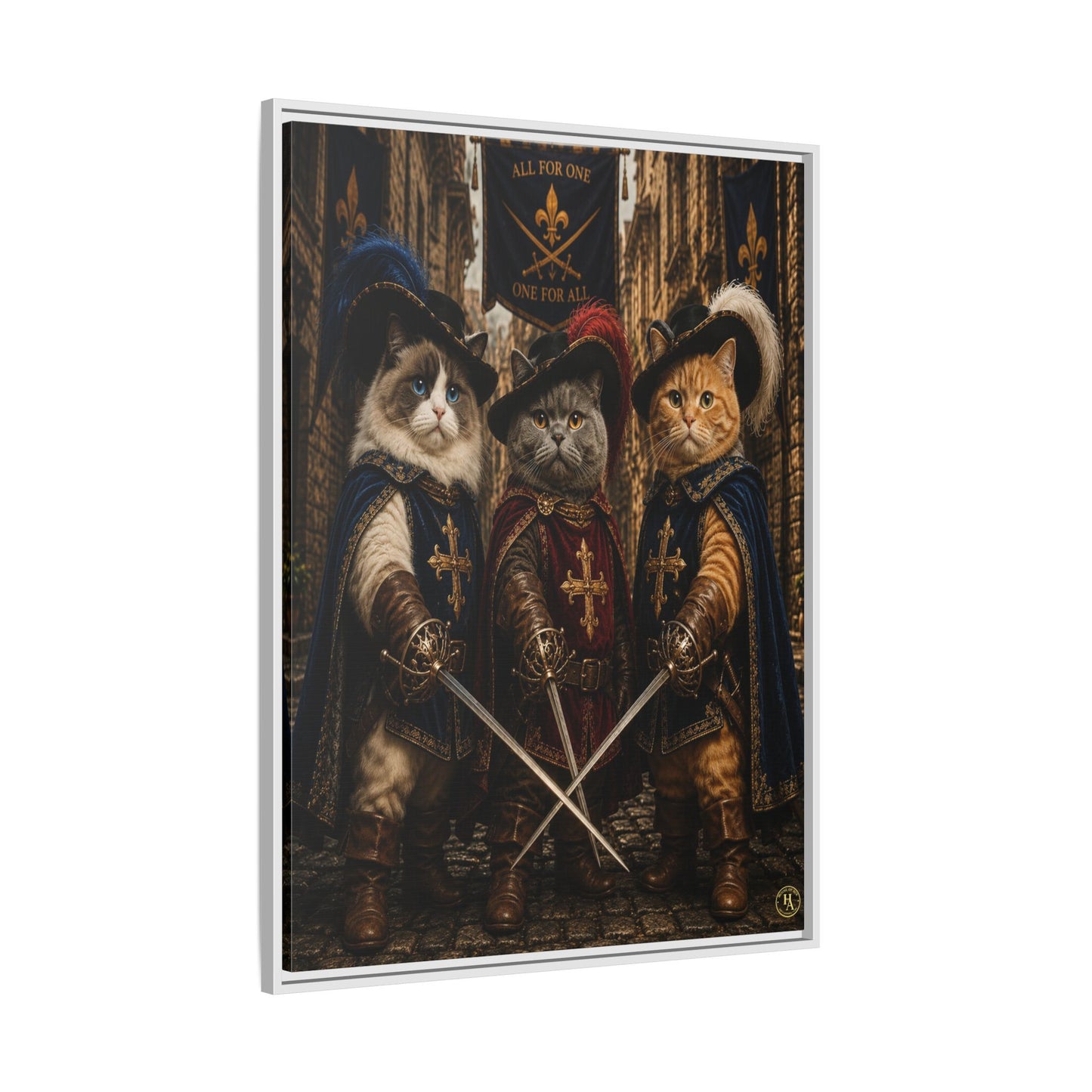 3 Musketeer Cats (The Three Musker Paws) – All for One, One for All Framed Canvas by House of Ace