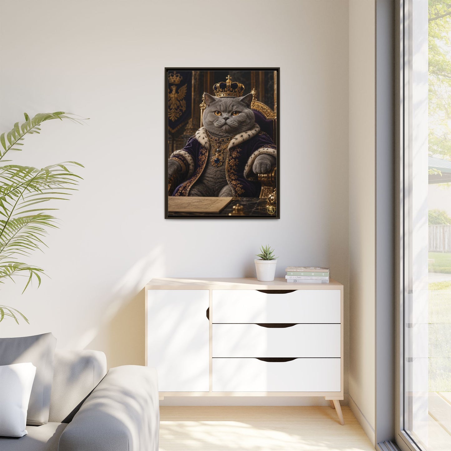 Regal British Shorthair Cat Portrait Framed Canvas — His Royal Whiskers Cat Wall Art  by House of Ace