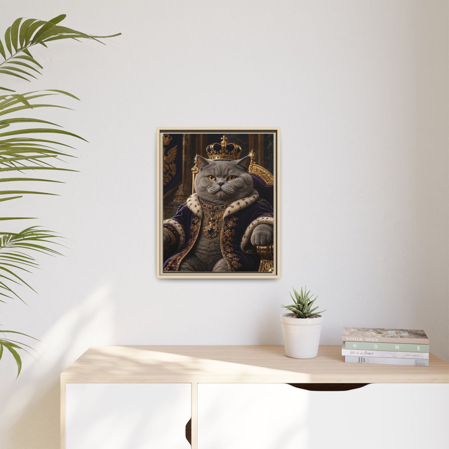 Regal British Shorthair Cat Portrait Framed Canvas — His Royal Whiskers Cat Wall Art  by House of Ace