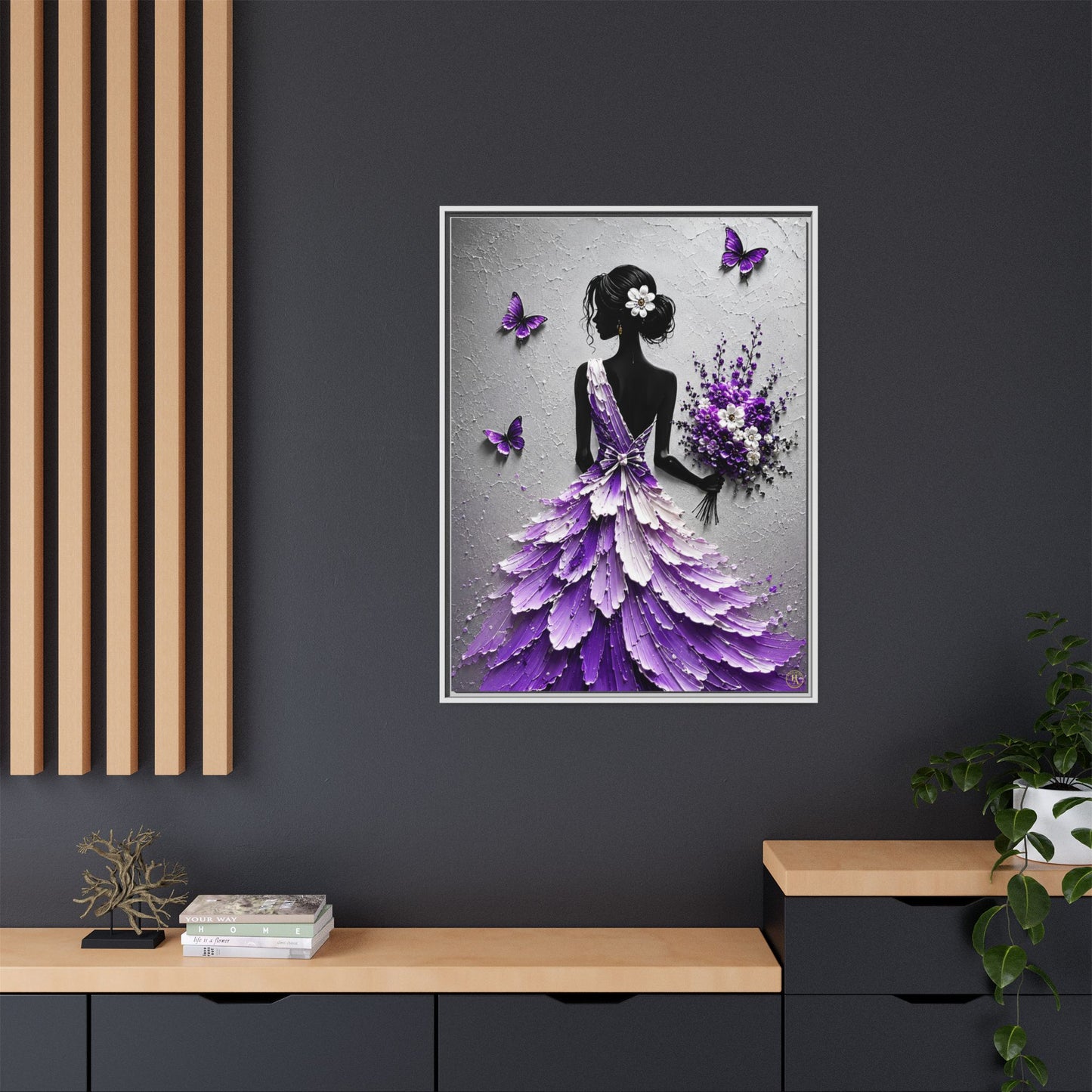 Purple Petal Elegance Framed Matte Canvas Wall Art – Feminine Silhouette Floral Dress Artwork  Description