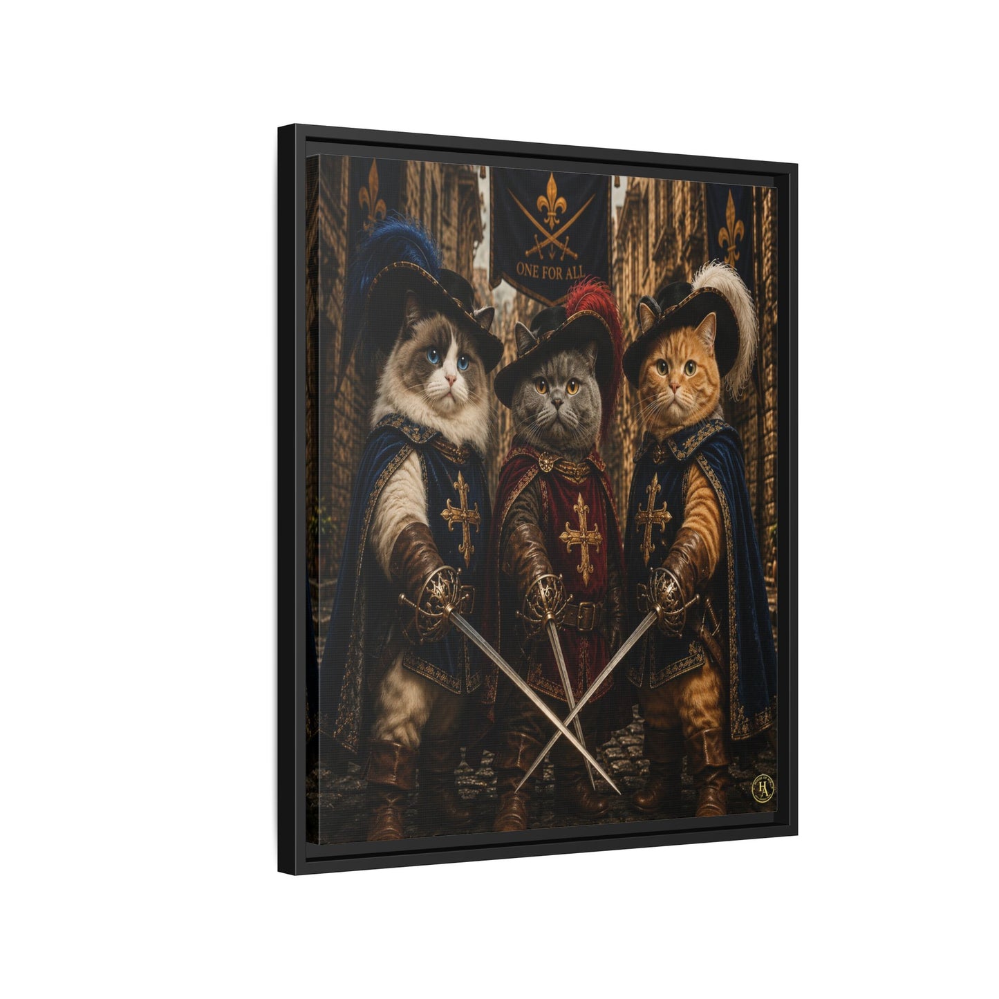 3 Musketeer Cats (The Three Musker Paws) – All for One, One for All Framed Canvas by House of Ace