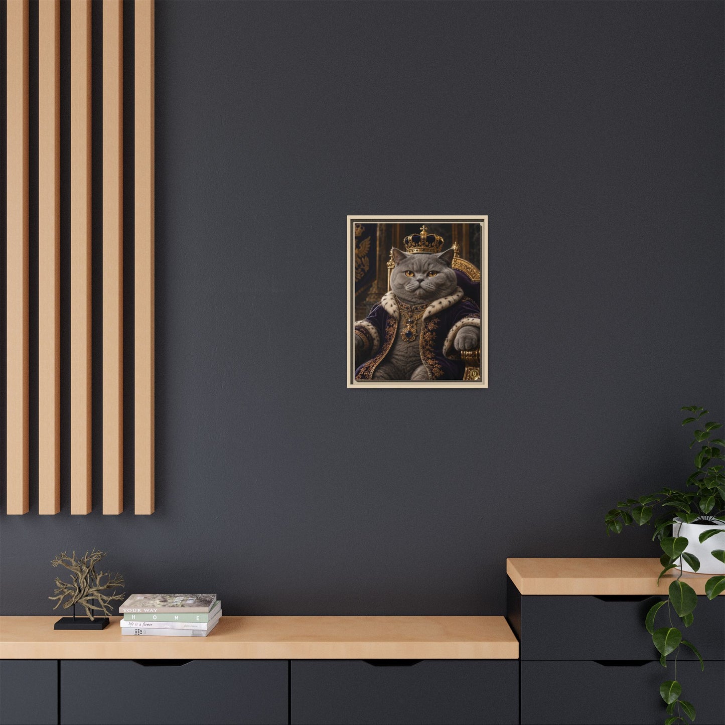 Regal British Shorthair Cat Portrait Framed Canvas — His Royal Whiskers Cat Wall Art  by House of Ace