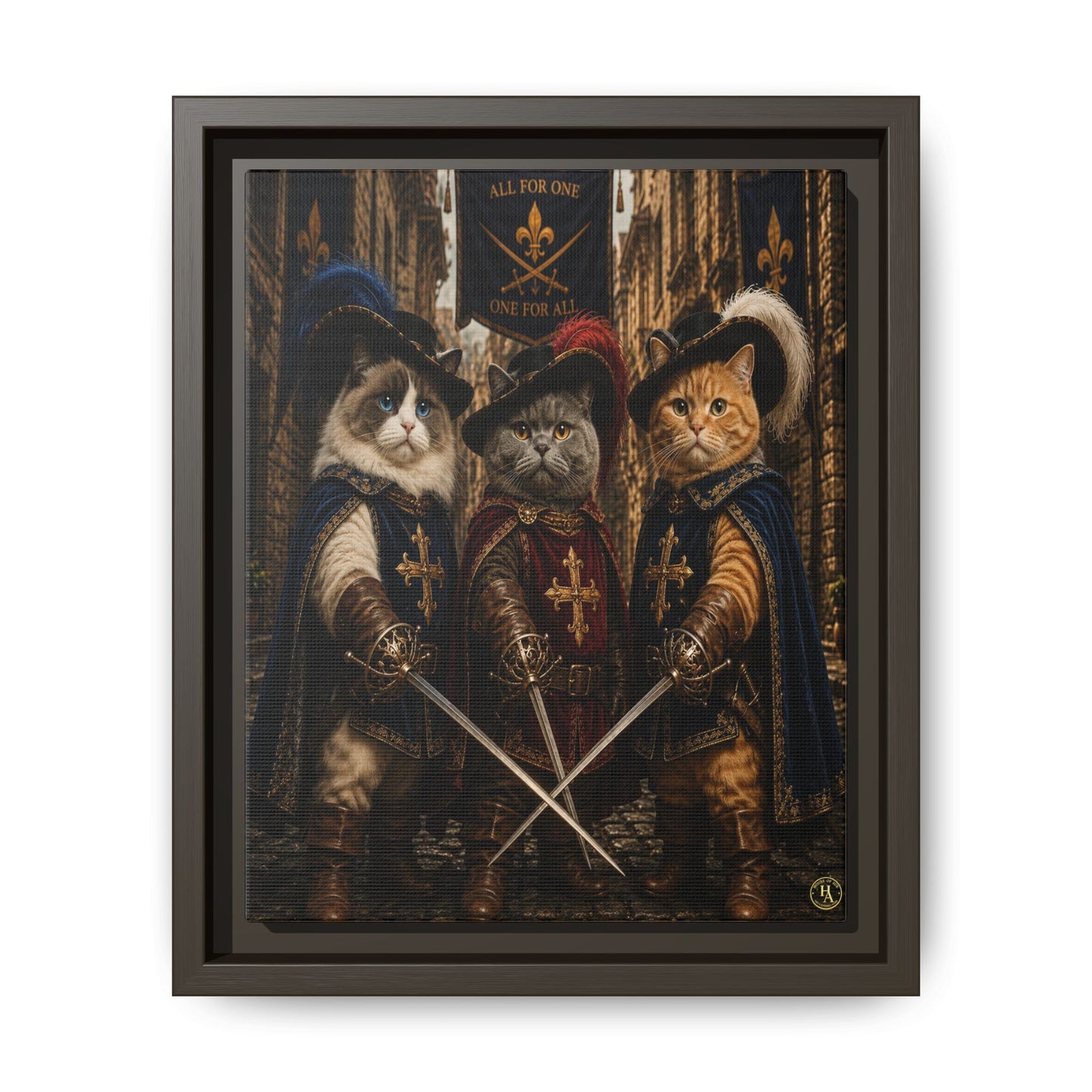 3 Musketeer Cats (The Three Musker Paws) – All for One, One for All Framed Canvas by House of Ace